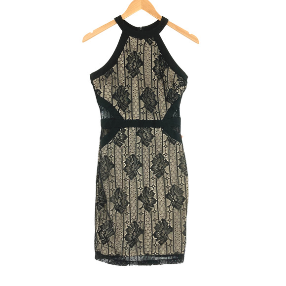Haute Monde Women's Black & Nude Cotton Blend Floral Lace Halter Dress Size S - Picture 1 of 12